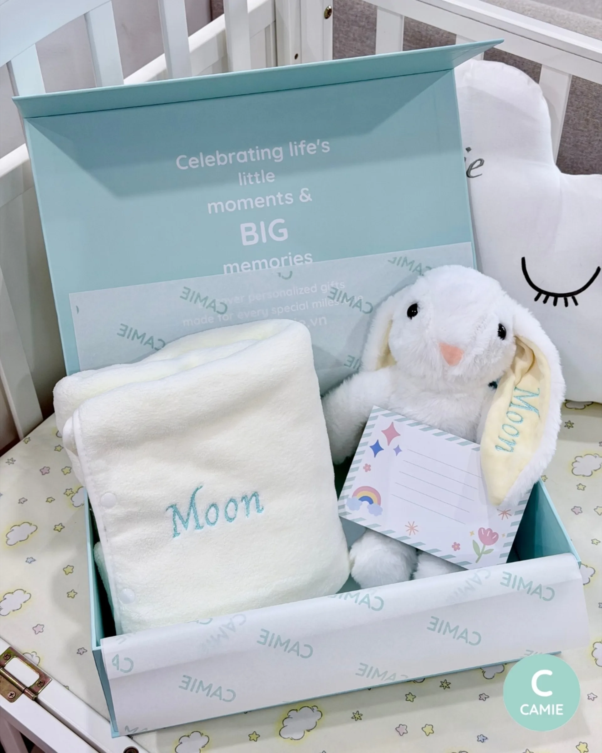 Set quà Bình Yên Cho Bé - Bé trai | Thỏ xám thêu tên – ảnh thật đơn hàng quà thôi nôi