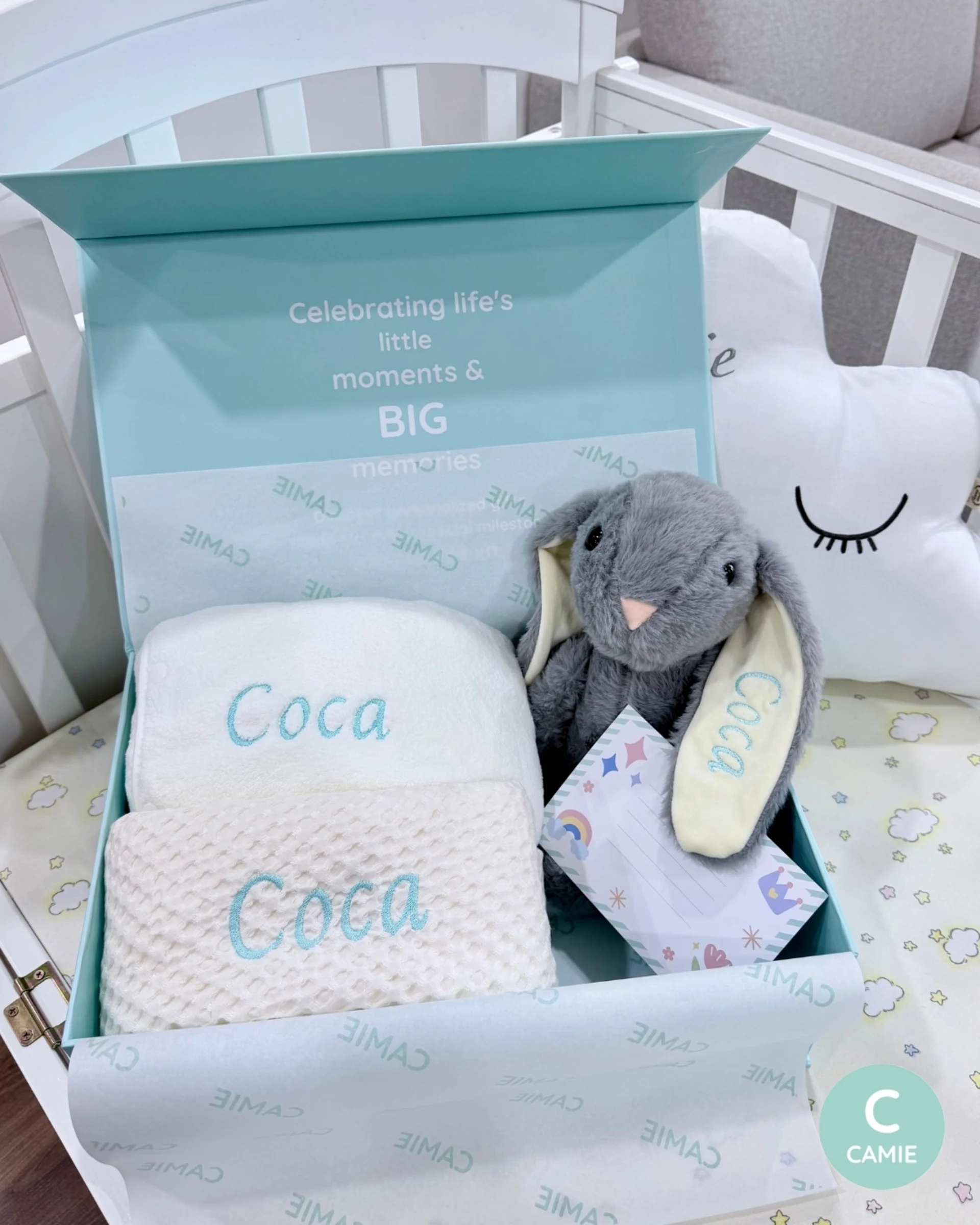 Set quà Cột Mốc Yêu Thương - Bé trai | Thỏ xám thêu tên – ảnh thật đơn hàng