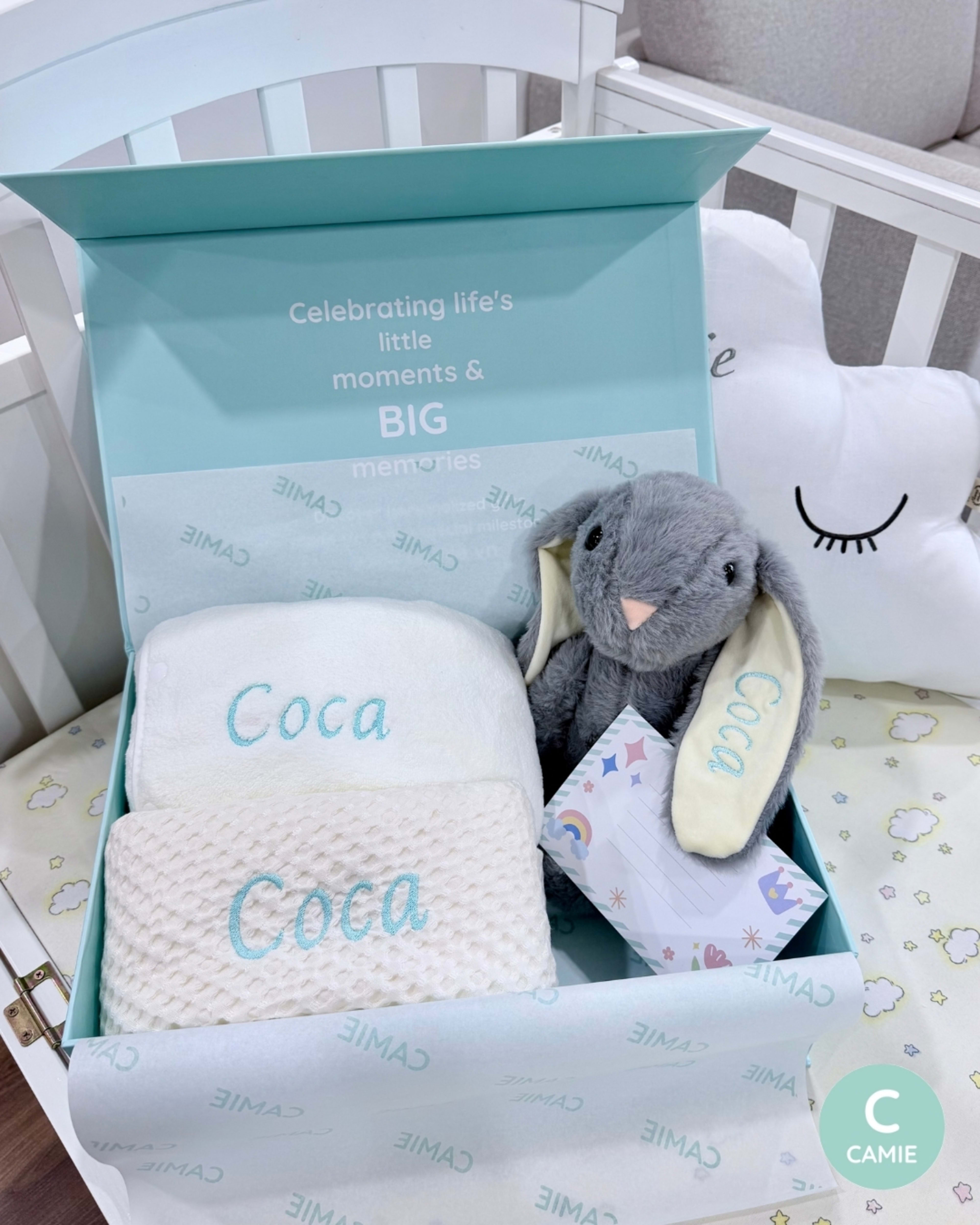 Set quà Cột Mốc Yêu Thương - Bé trai | Thỏ xám thêu tên – ảnh thật đơn hàng